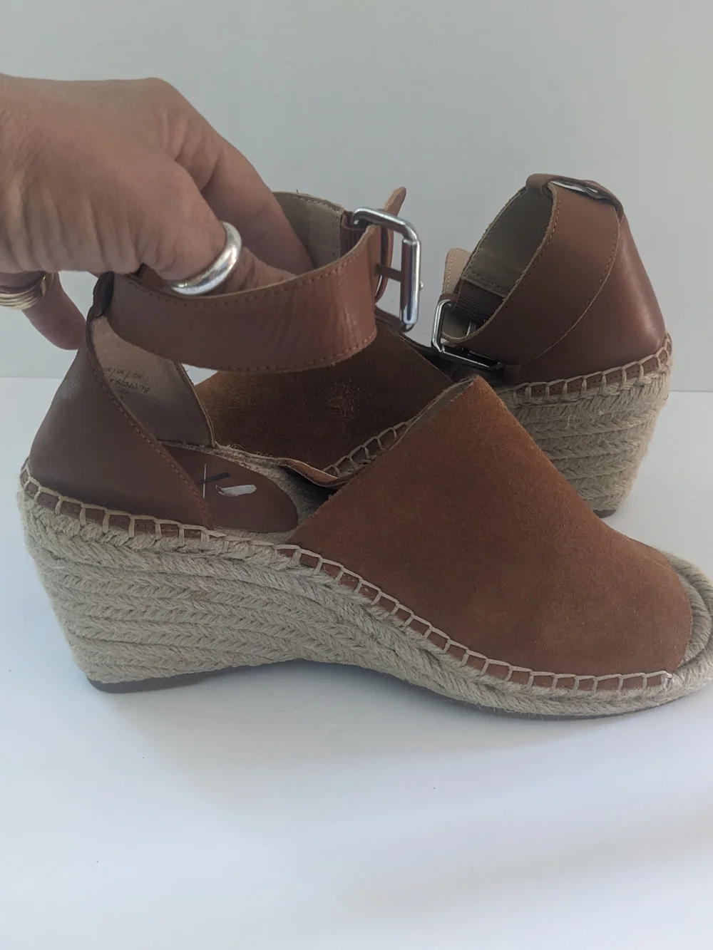 GAP Suede Cognac Espadrille Wedge Sandals with Ankle Buckle 7